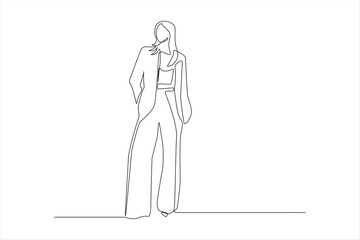 Single-line drawing of a woman in stylish pantsuit.