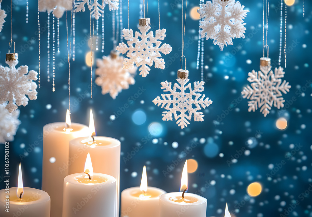 Poster A blue background with candles and snowflakes hanging from strings, Holiday concept.