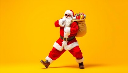 Full size profile side photo of funky fat santa claus with huge abdomen hold gift wish bag go walk travel around world on christmas night eve wear x-mas hat suspenders isolated.