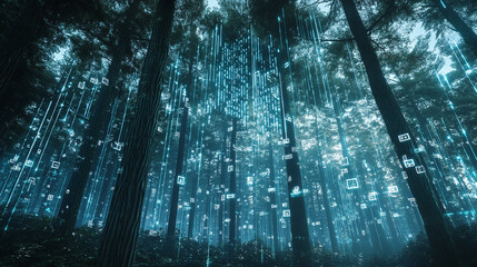 Digital Rain in Forest   Futuristic Nature Technology