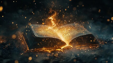 Magical glowing book with cosmic lights