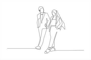 Single-line drawing of a Muslim couple holding hands.