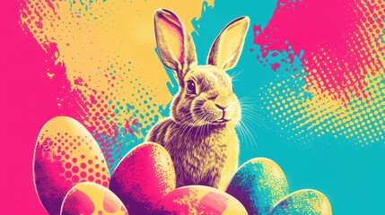 A vibrant pop art illustration of an Easter bunny surrounded by colorful Easter eggs.