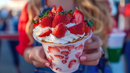 Closeup of a woman's hand holding a cup of strawberry yogurt parfait with whipped cream and fresh strawberries.
