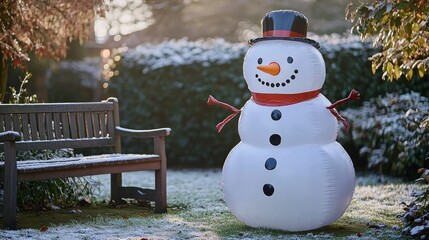 Inflatable snowman standing tall beside a wooden bench, offering a warm welcome in a winter garden
