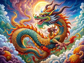 Fototapeta premium Captivating Oriental Dragon Decorative Illustration with Intricate Details and Vivid Colors, Perfect for Cultural and Fantasy Art Themes in Various Design Projects