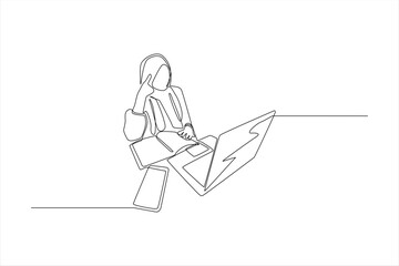 Single-line drawing of a person working on a laptop.