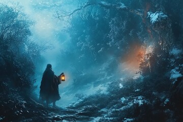 Fototapeta premium Lone traveler holding lantern in a snowy enchanted forest