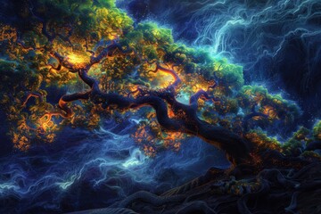 Obraz premium A mystical tree illuminated against a backdrop of swirling blue and green light, evoking a sense of magic and wonder in a surreal landscape.