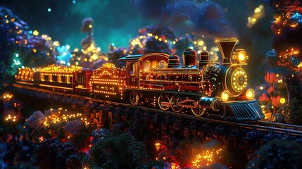 Enchanted glowing train traveling through a magical forest