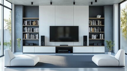 Fototapeta premium A sleek and modern entertainment center in a living room, featuring a TV, sound system, and bookshelves.