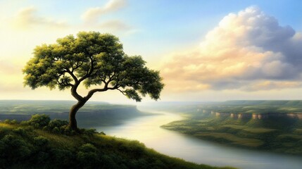 Obraz premium A solitary tree stands sentinel over a tranquil river valley at sunrise, bathed in soft, golden light. Lush greenery surrounds the scene, creating a peaceful and serene landscape.