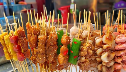 assorted asian street food on sticks