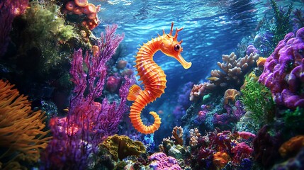 Beautiful Seahorse Surrounded by Lush Coral Reef Life