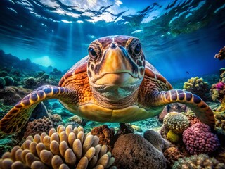 Fototapeta premium Captivating Portrait Photography of a Caretta caretta Turtle in a Natural Ocean Habitat, Showcasing Its Unique Features and Vibrant Colors Underwater