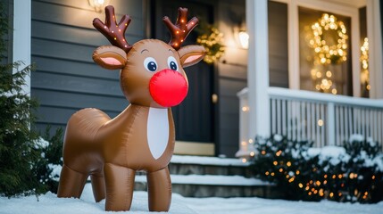 Inflatable reindeer with bright red nose standing near a snowy front porch