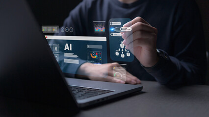 Businessman working with laptop computer with icons ,hand of business hold AI interface, application and software ,online network.