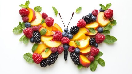 Obraz premium Artistic platter of mixed berries and sliced peaches arranged as a butterfly shape, with mint leaves as accents, Butterfly fruit arrangement, Creative natureinspired design