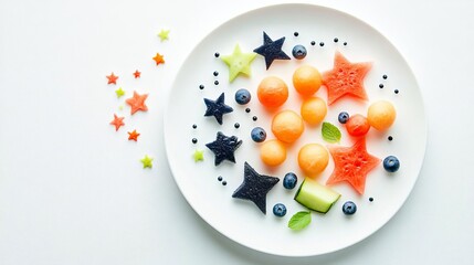 Artistic fruit serving with watermelon balls, cantaloupe stars, and blueberries arranged as a galaxy, Fruit galaxy serving, Creative plate design