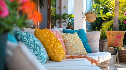 A stylish patio setup featuring colorful pillows for outdoor comfort