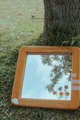 Mirror leaning against tree