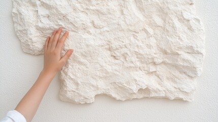 Obraz premium Hand Touching Textured White Stone Wall Architecture Texture Background