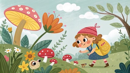Fototapeta premium Whimsical Adventure A playful childrens illustration depicts a curious young s exploring a whimsical forest filled with oversized flowers and mushrooms. The s with cheerful bright
