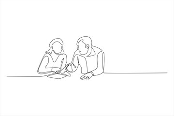 Single-line drawing of two people collaborating at a table.