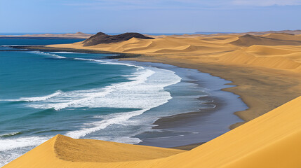 Stunning coastal landscape where golden dunes meet the ocean waves