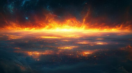 Naklejka premium A City engulfed in Flames under a Starry Sky