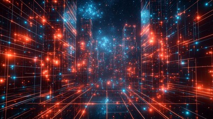 Abstract digital city with red and blue glowing lights