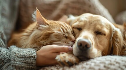 White, fluffy cat and dog cuddled up on a woman's hand