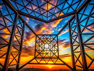 Fototapeta premium Captivating Silhouette Photography of a Geometric Metal Frame Against a Dramatic Sunset Background, Showcasing Intricate Designs and Patterns in an Artistic Composition