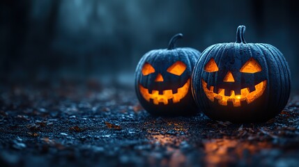 A dark background with two carved pumpkins on the right side, symbolizing the Halloween season with a spooky atmosphere