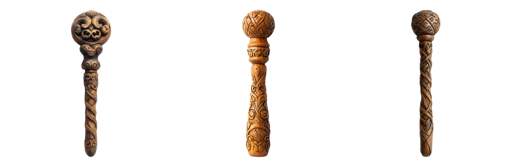 Decorative Wooden Sticks with Intricate Designs Isolated on transparent background