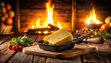 Captivating Silhouette Photography of Melting Raclette Cheese Over a Rustic Wooden Table with Warm Lighting and Inviting Atmosphere, Perfect for Culinary and Food Enthusiasts