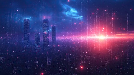 A dark blue background banner showcases cloud technology, cityscape, and big data visualizationbinary code