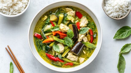 A vibrant Thai green curry with chicken, eggplant, bamboo shoots
