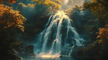 A serene waterfall cascades through a vibrant forest, illuminated by soft sunlight.