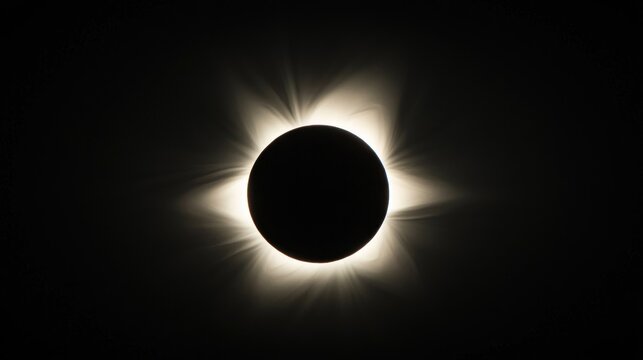 A total solar eclipse with a darkened sky and the sunâ€™s corona visible around the edges of the moon