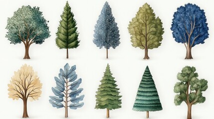 Fototapeta premium Watercolor Christmas Trees Hand Drawn on White Background for Holiday Greeting Cards