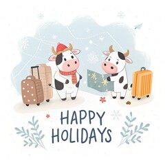 Naklejka premium cute cartoon cow with happy holidays