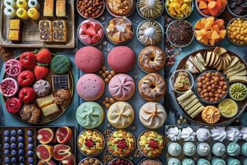 A vibrant assortment of desserts and fruits arranged beautifully on plates, showcasing a variety of colors and textures.