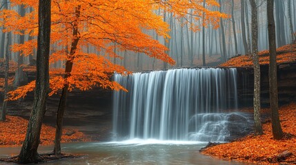 A serene waterfall surrounded by vibrant autumn foliage and misty atmosphere.