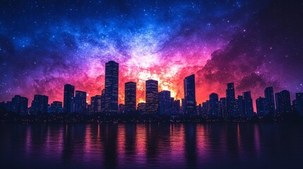 Obraz premium A Cityscape Under a Vibrant, Starry Night Sky