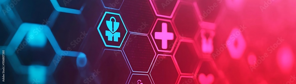 Poster abstract digital hexagonal patterns representing technology and healthcare concepts with vibrant col