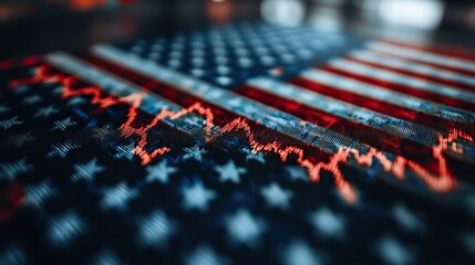 Fototapeta premium A digital art composition featuring the American flag with stock market data in the background, symbolizing wealth and financial success