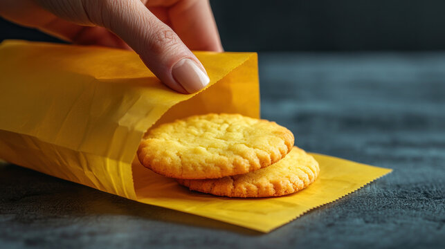 A hand grabbing a cookie from a yellow paper bag, food festive event
