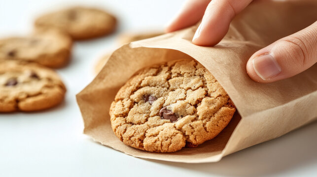 A hand grabbing a cookie from a paper bag, food festive event