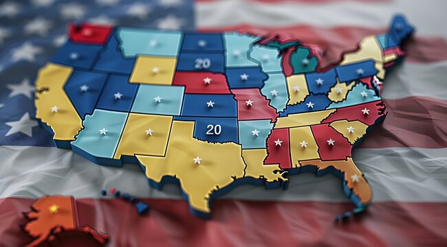 A colorful 3D model of the United States, resting on an American flag. Each state is a different color, and small white stars mark key locations.